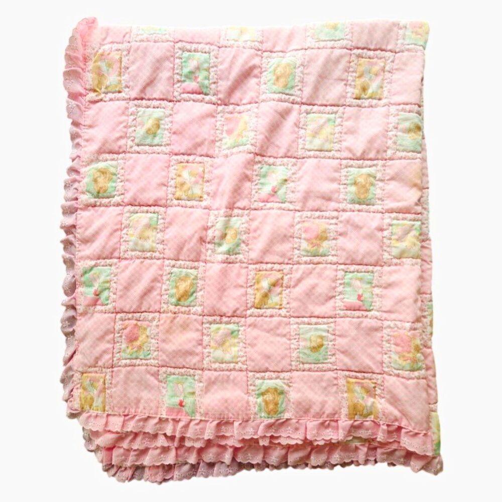 Quilted Ruffled Crib Blanket, Pink Multicolor Patchwork Baby Print, Girls 52x42